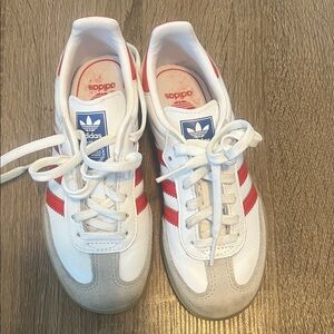 Adidas Kids White and Red Sneakers with Blue Accents